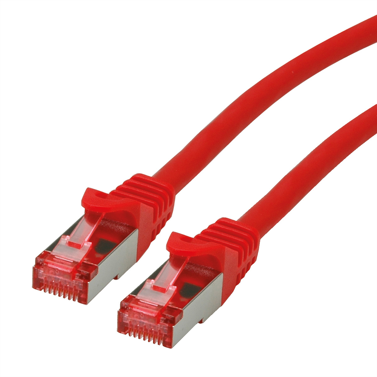 Un câble réseau rouge avec deux connecteurs RJ45.