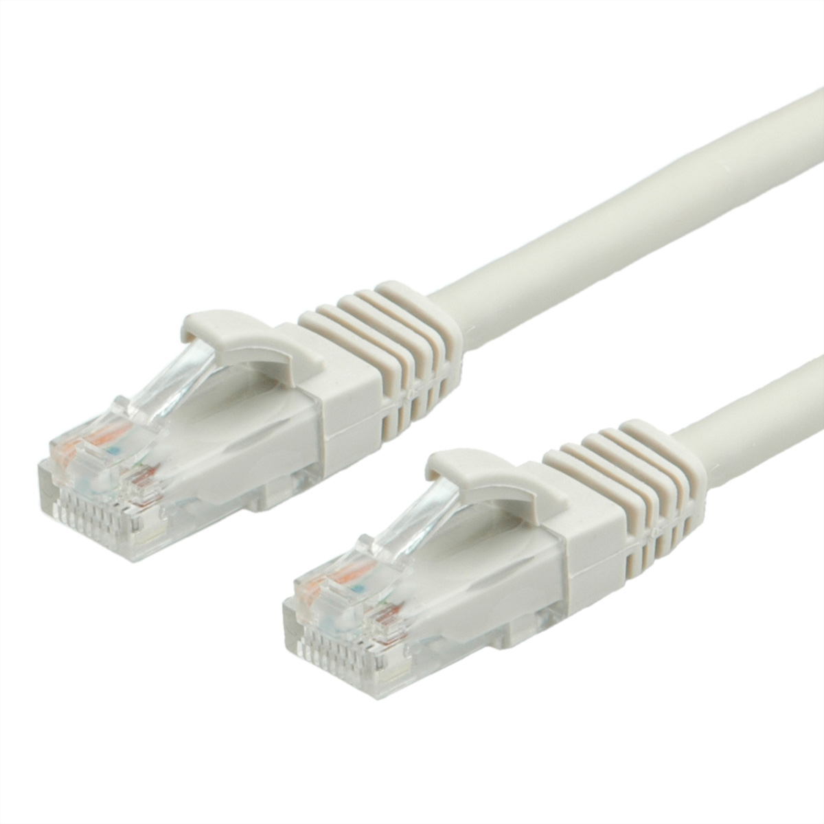 Un câble réseau blanc avec deux connecteurs RJ45.