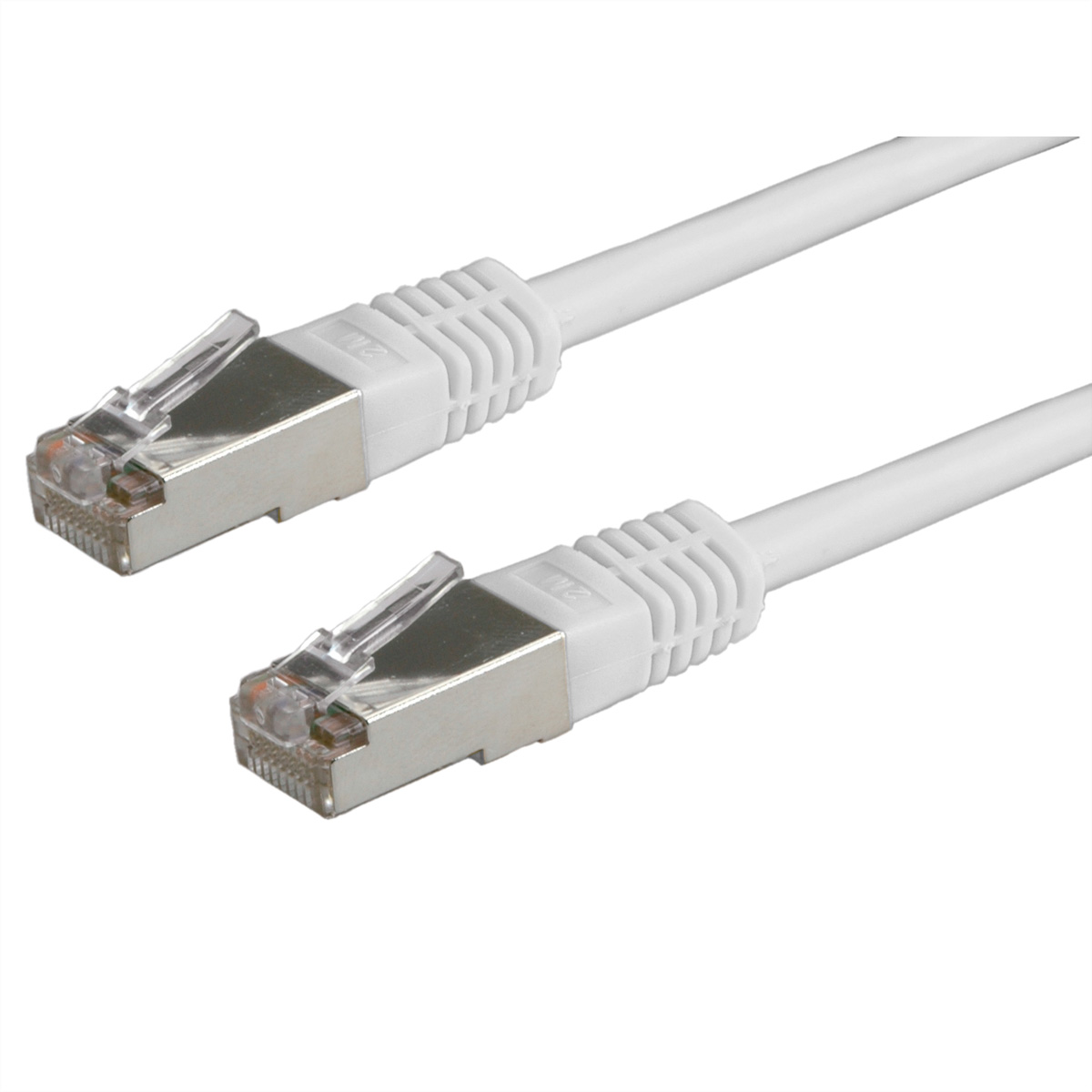 Un câble réseau blanc avec deux connecteurs RJ45.
