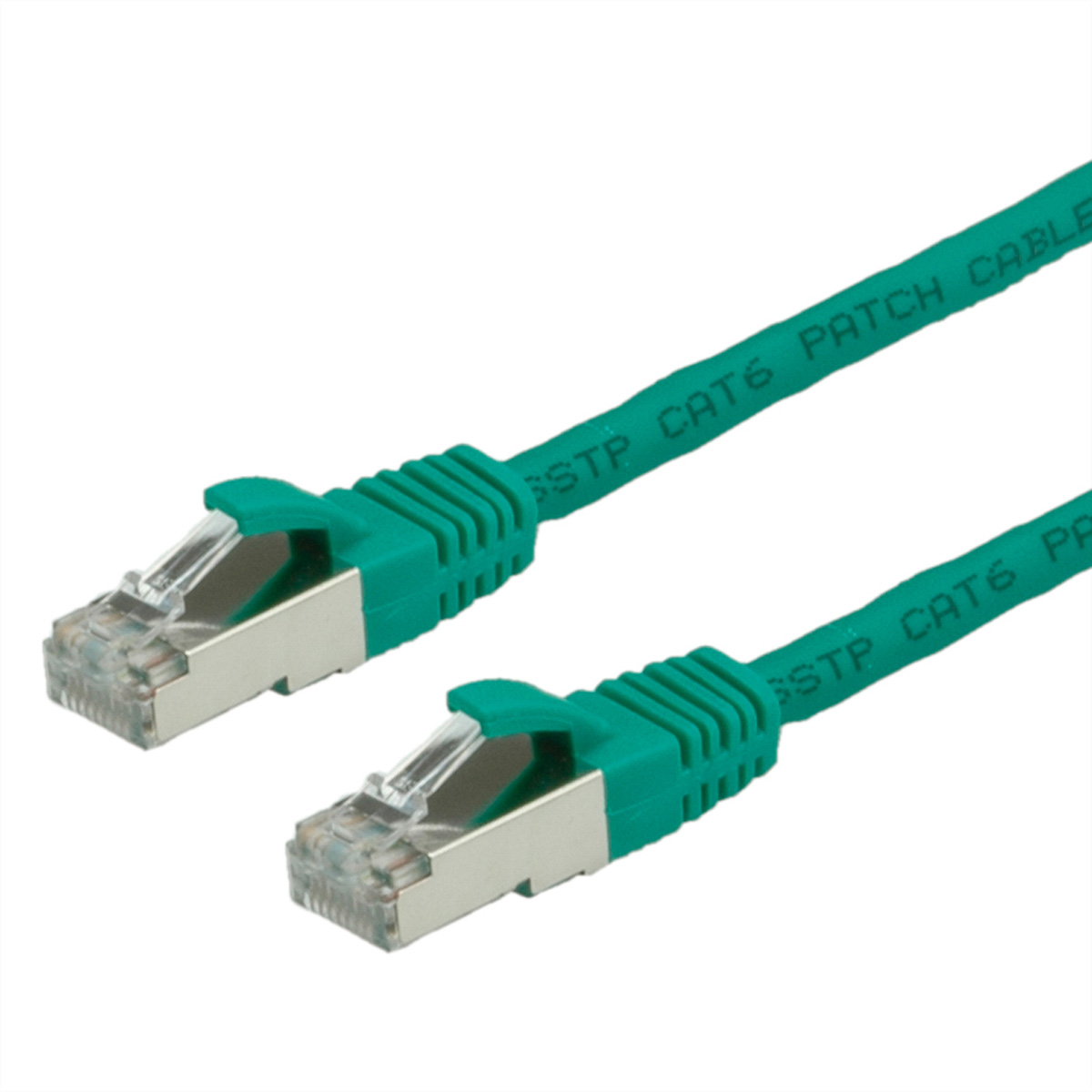 Câbles Ethernet verts avec connecteurs RJ45. Fond blanc.