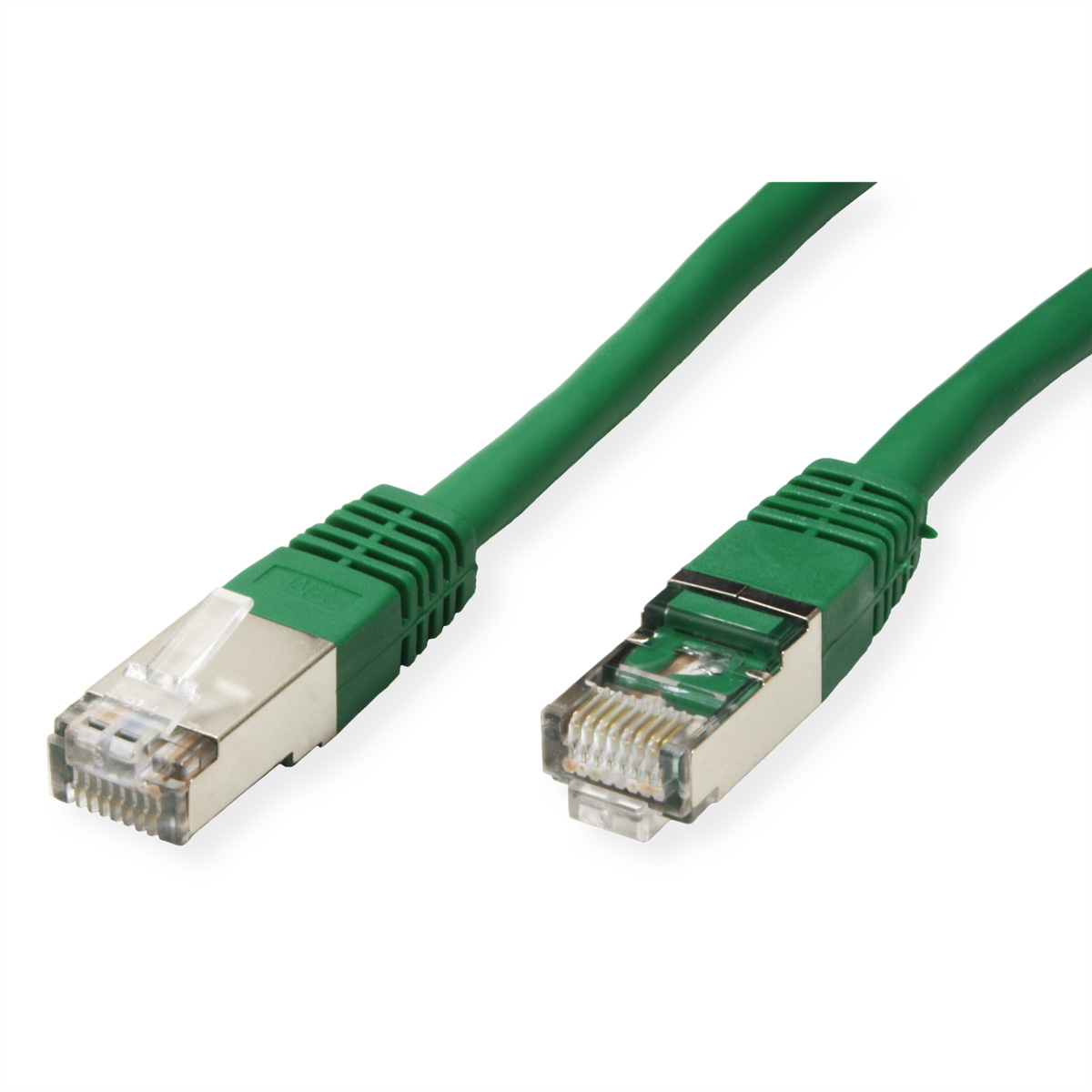 Twee groene Ethernet-kabels met connectoren. Eén kabel is dichterbij en toont zijn connectoren.
