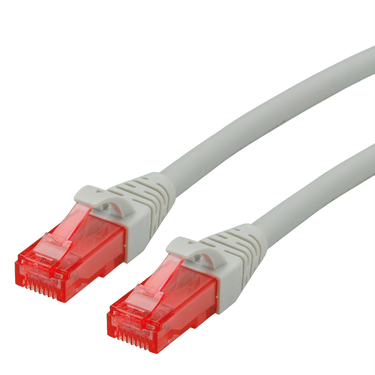 Twee Ethernet-kabels met rode connectoren. De connectoren hebben transparante plastic delen.