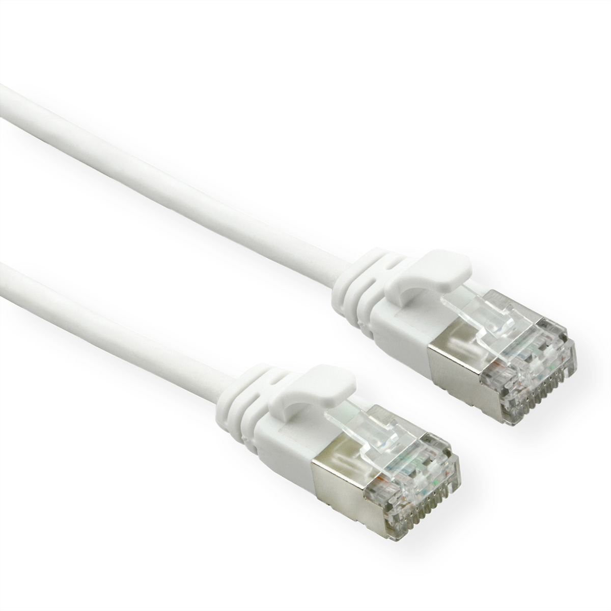 Weißes Ethernet-Kabel mit Anschlüssen an beiden Enden.