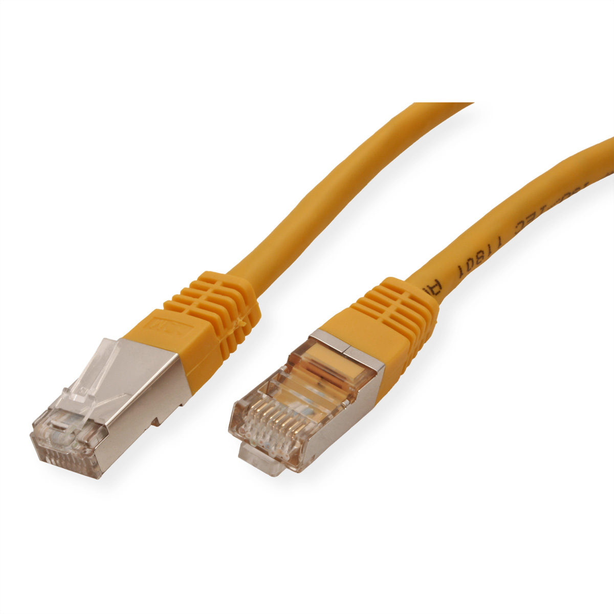 Gele Ethernet-kabel met connectoren aan beide uiteinden, op een witte achtergrond.