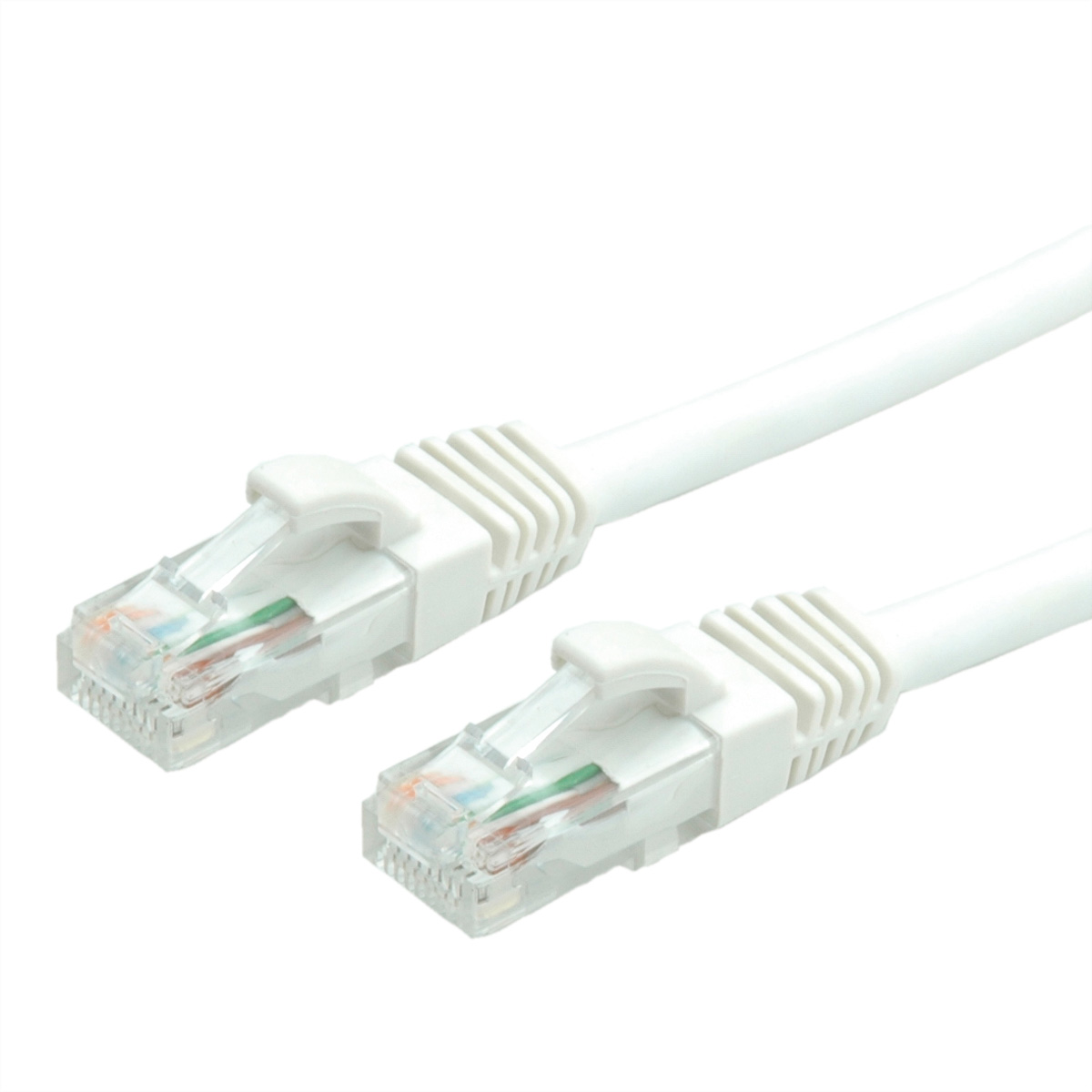 Due cavi Ethernet bianchi con connettori bianchi, angolati, su sfondo bianco.