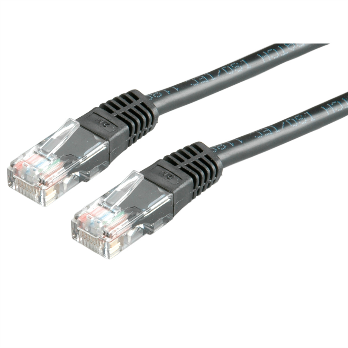 Schwarzes Ethernet-Kabel mit transparenten Steckern vor weißem Hintergrund.