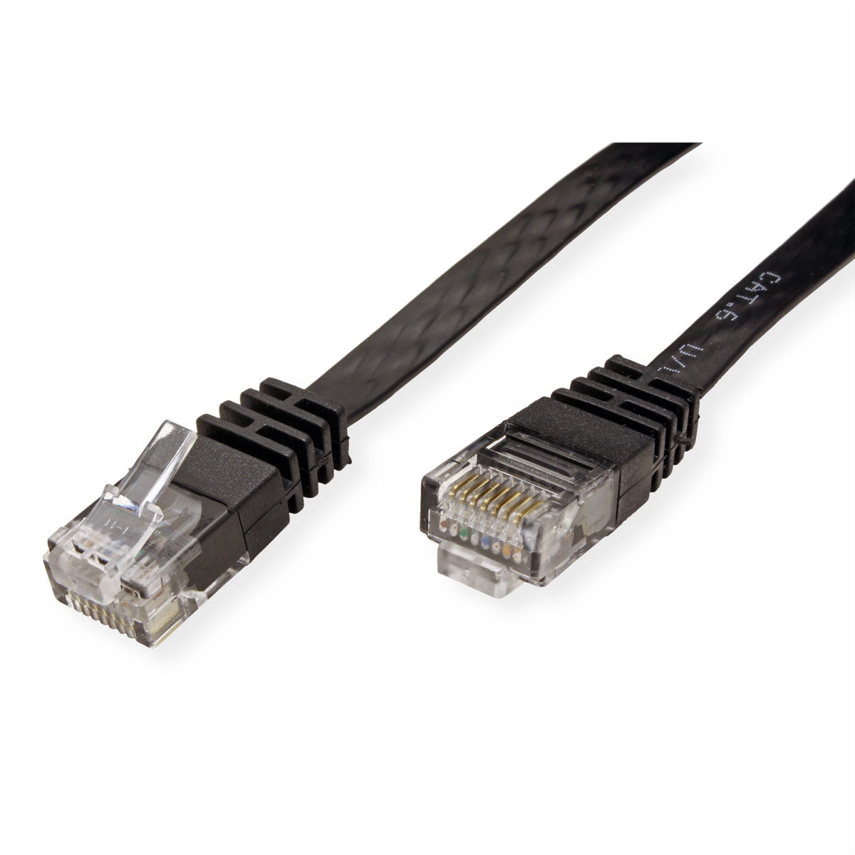 Een zwarte Ethernet-kabel met transparante connectoren.