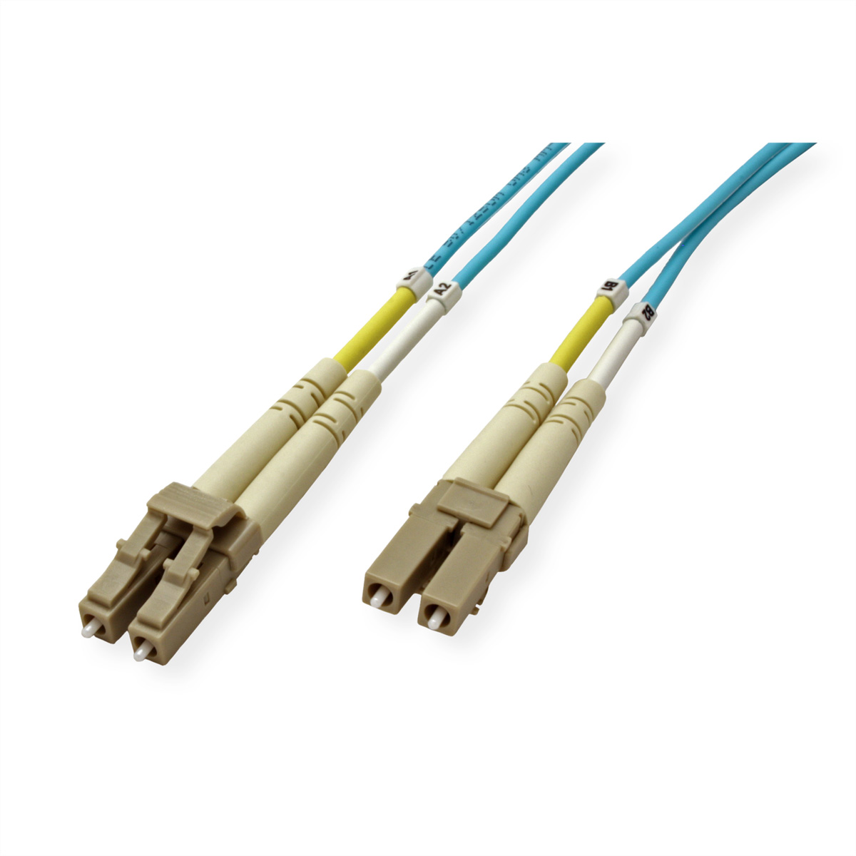 Deux câbles à fibre optique bleus et jaunes, avec des connecteurs aux extrémités.