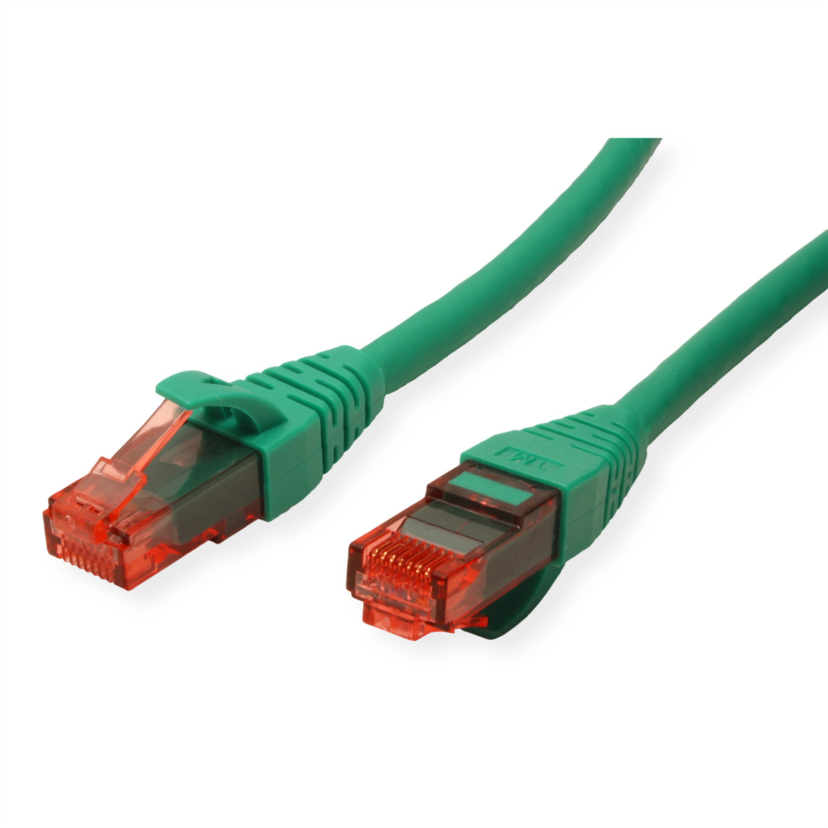 Groene netwerkkabel met connectoren aan beide uiteinden. Witte achtergrond, helder zicht.
