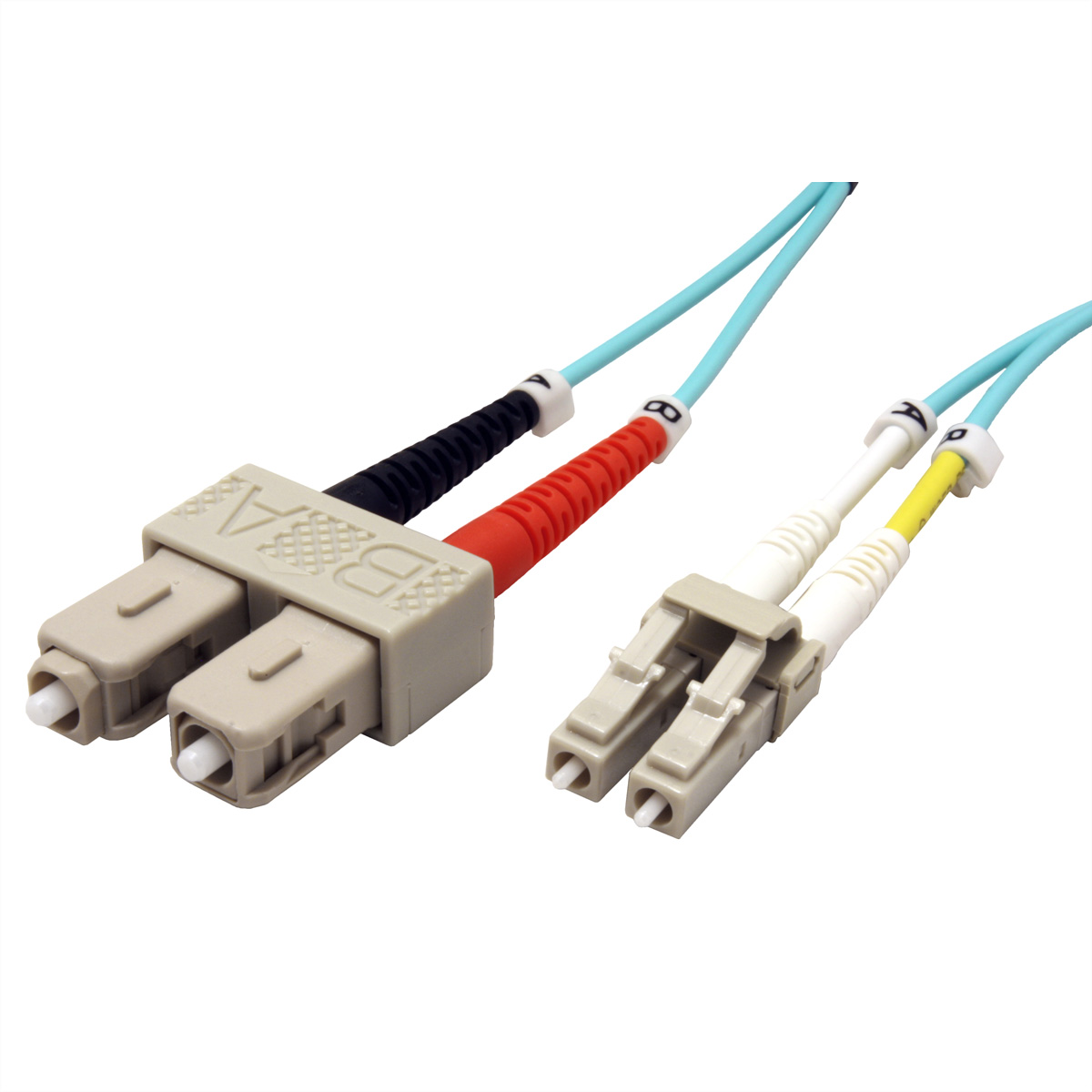 Zwei Glasfaserkabel mit Anschlüssen. Die Kabel sind cyanfarben, die Anschlüsse beige.