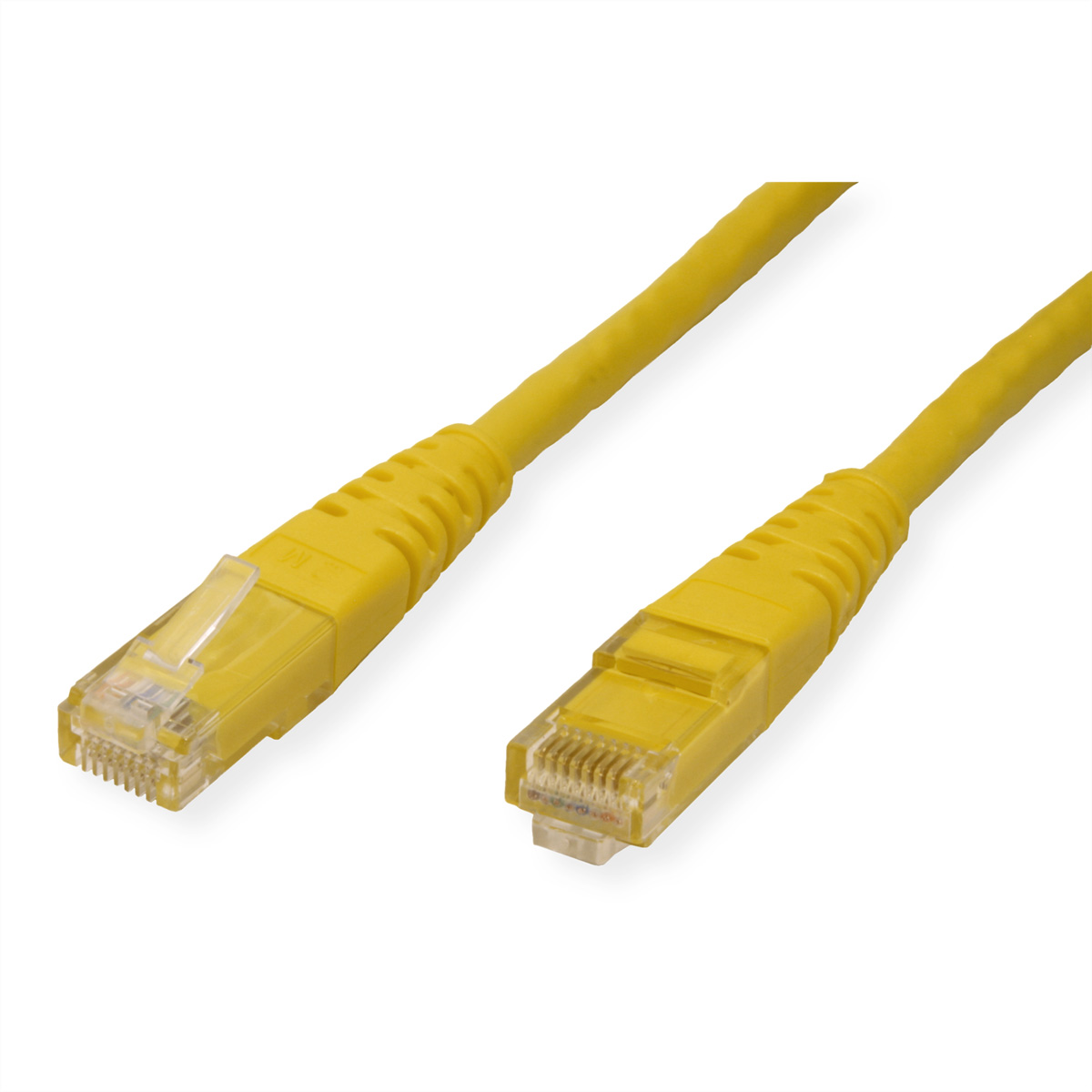 Twee gele netwerkkabels, RJ45-connectoren zichtbaar.