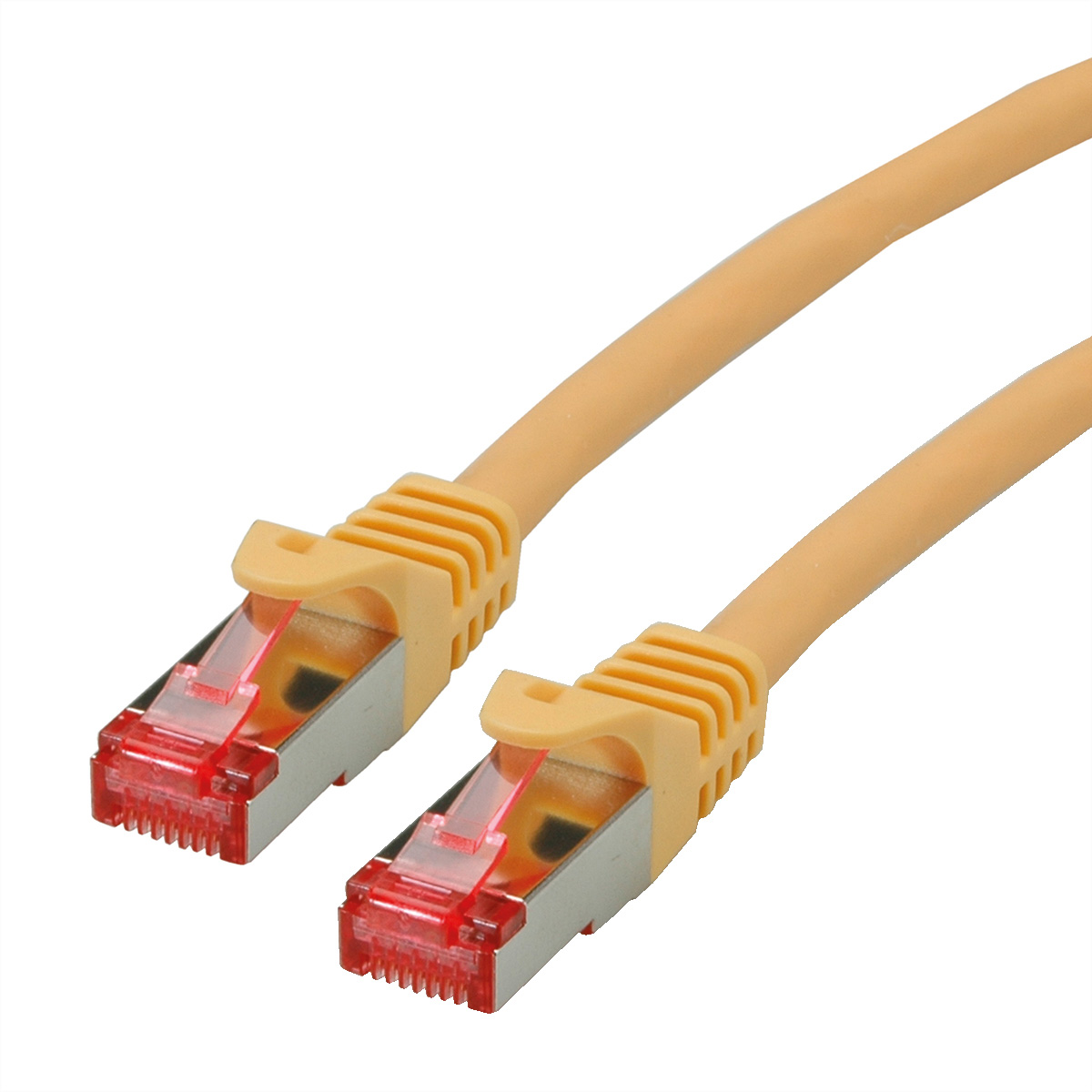 Câble Ethernet orange avec connecteurs rouges sur fond blanc.