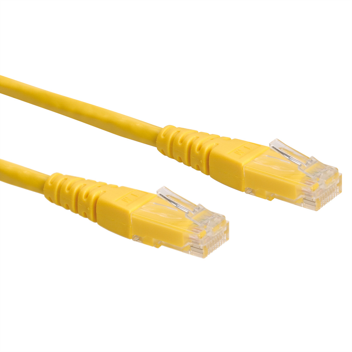 Twee gele netwerkkabels met transparante connectoren.