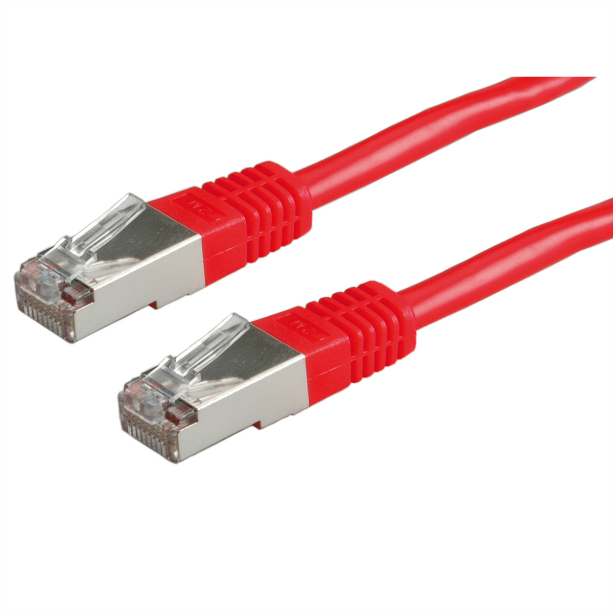 Twee rode netwerkkabels met zilveren connectoren.