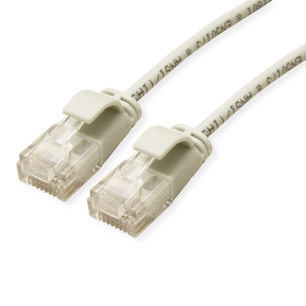 Twee grijze Ethernet-kabels met lichtgrijze connectoren, schuin, tegen een witte achtergrond.