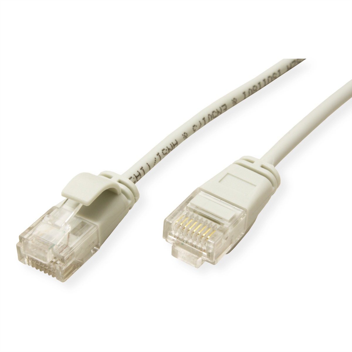 Twee Ethernet-kabels, één wit met een lichtgrijze connector, één met transparante connector.