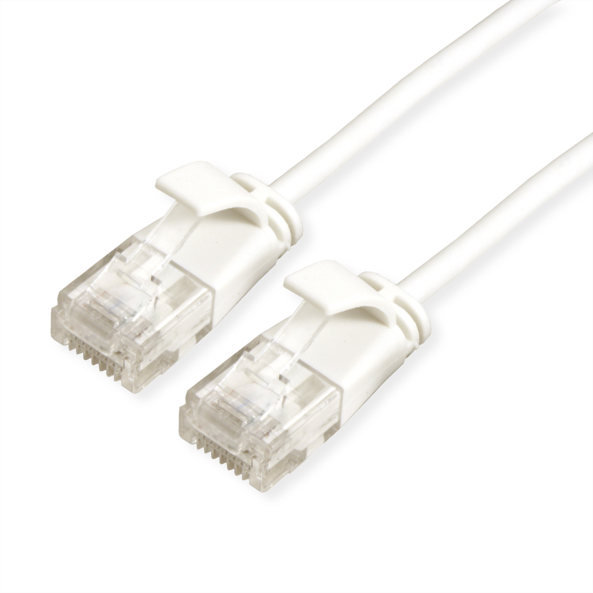 Biały kabel ethernet z przezroczystymi złączami na białym tle.