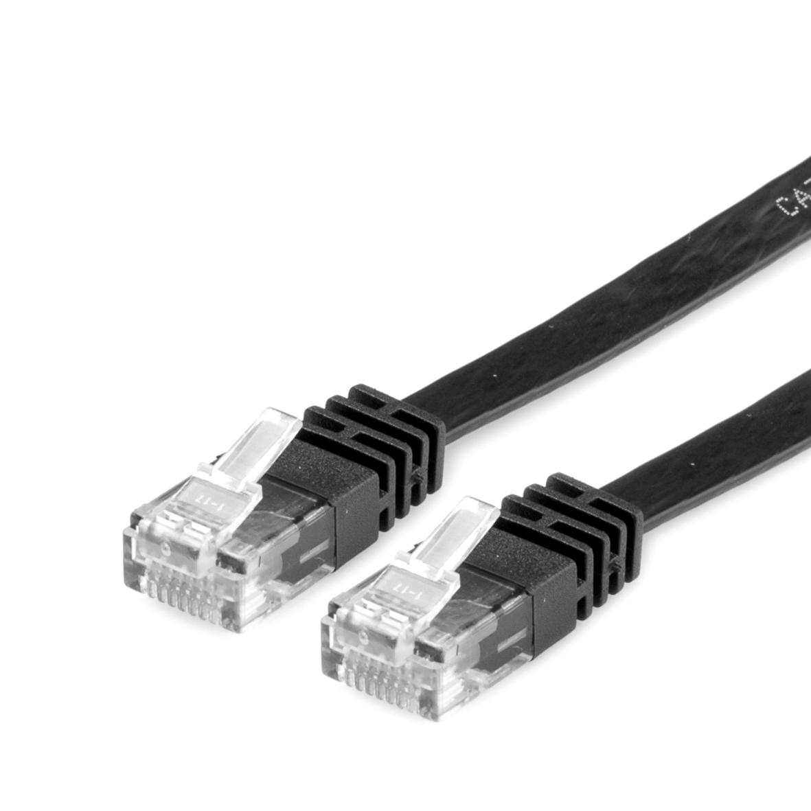 Twee zwarte Ethernet-kabels met transparante connectoren. De connectoren hebben clips.