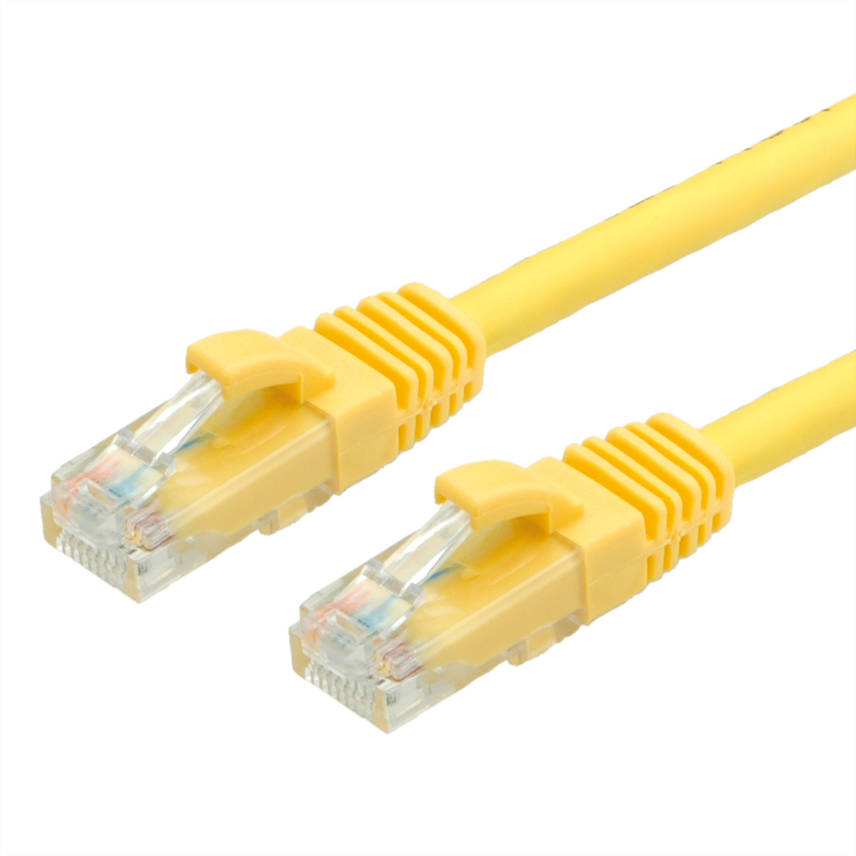 Dwa żółte kable Ethernet z żółtymi złączami. Każdy ma przezroczyste złącze.