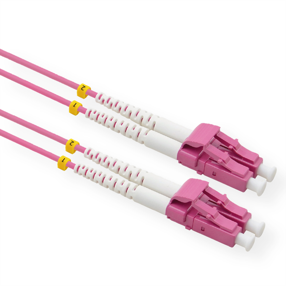 Twee roze glasvezelkabels met roze connectoren.