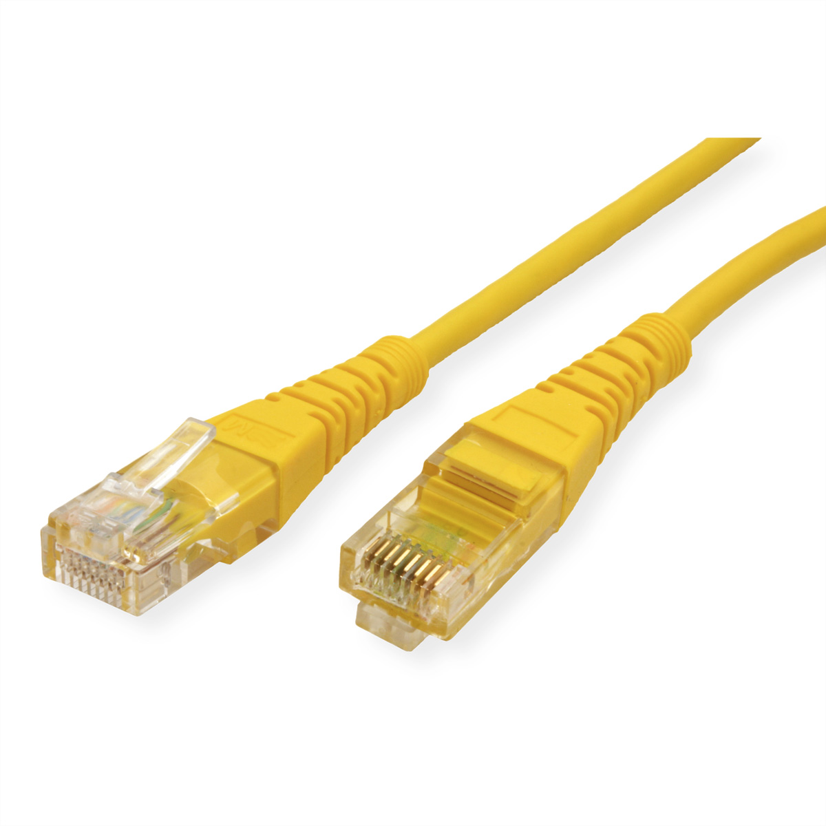 Câble Ethernet jaune, avec des connecteurs à chaque extrémité. Fond blanc. Les connecteurs sont transparents.