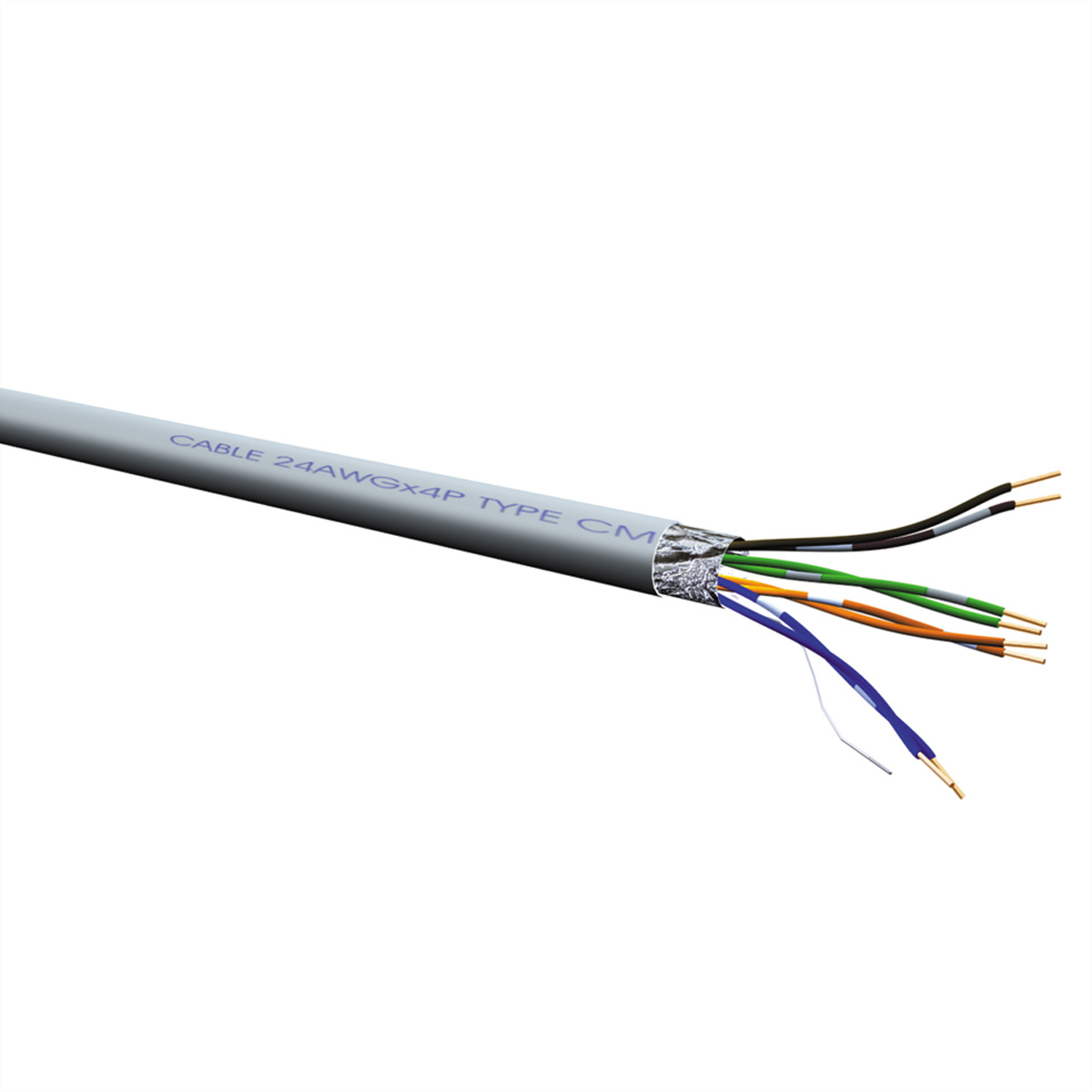 Doorgesneden Ethernet-kabel met gekleurde draden, gelabeld, op witte achtergrond.