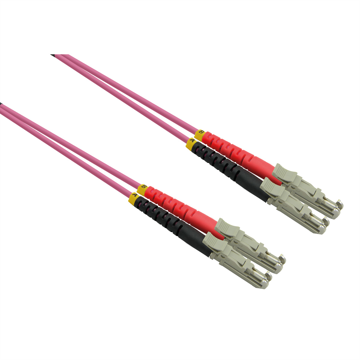 Twee roze glasvezelkabels met connectoren. Zwarte en rode connectoren met grijze punten.