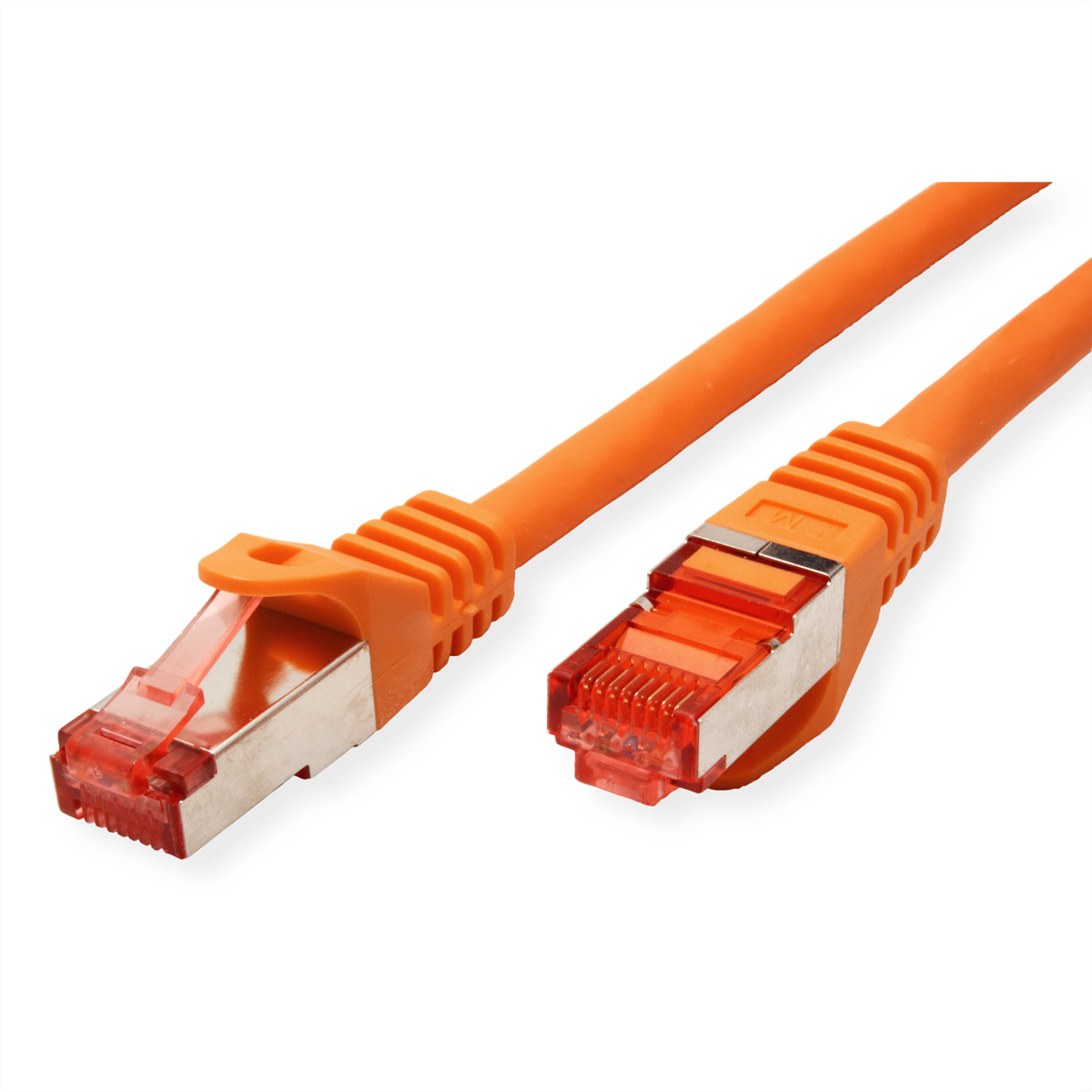 Oranje netwerkkabelconnectoren op een witte achtergrond.