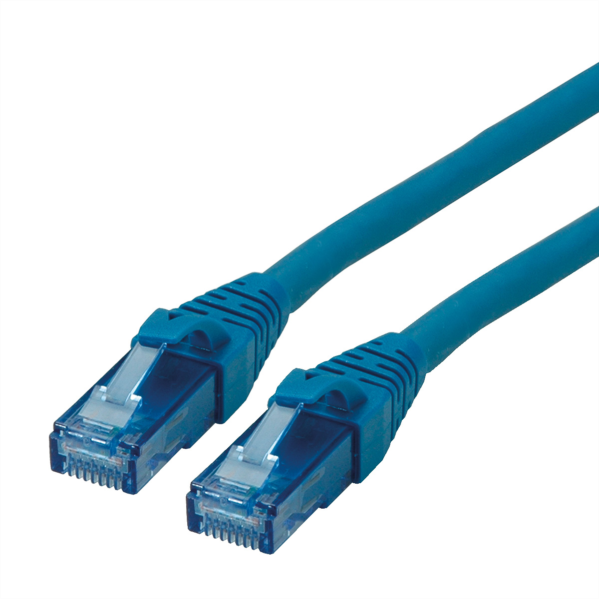 Twee blauwe netwerkkabels met blauwe transparante connectoren.