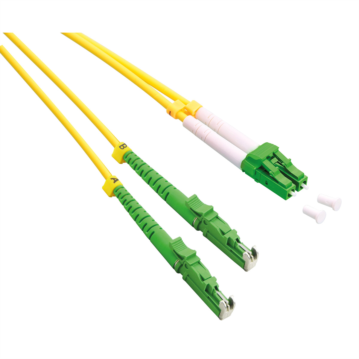 Twee gele glasvezelkabels met groene connectoren en witte eindkappen, op een witte achtergrond.