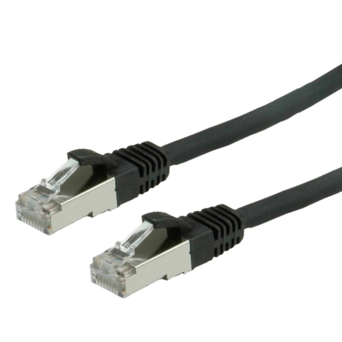 Twee zwarte Ethernet-kabels met zwarte connectoren, schuin, tegen een witte achtergrond.