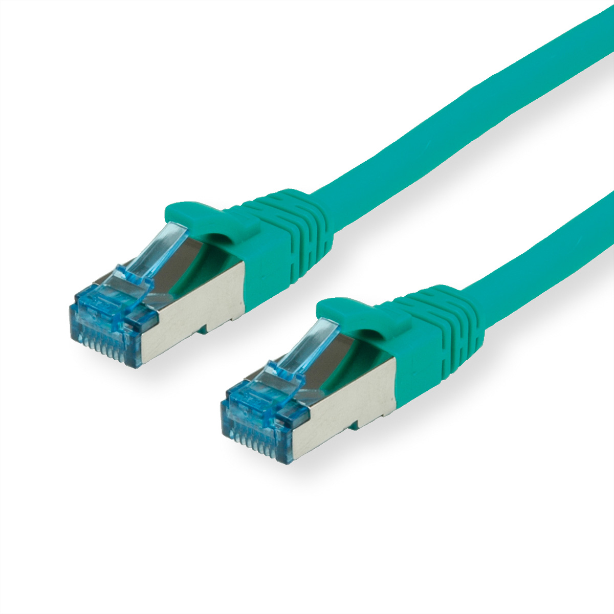 Turkusowy kabel ethernet z niebieskimi złączami na białym tle.