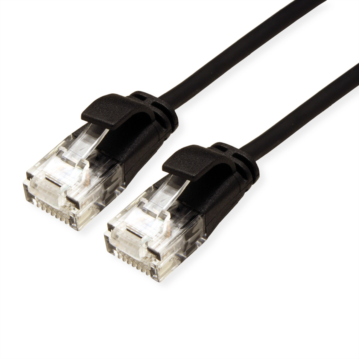 Dwa czarne kable Ethernet z przezroczystymi złączami. Złącza mają klipsy.