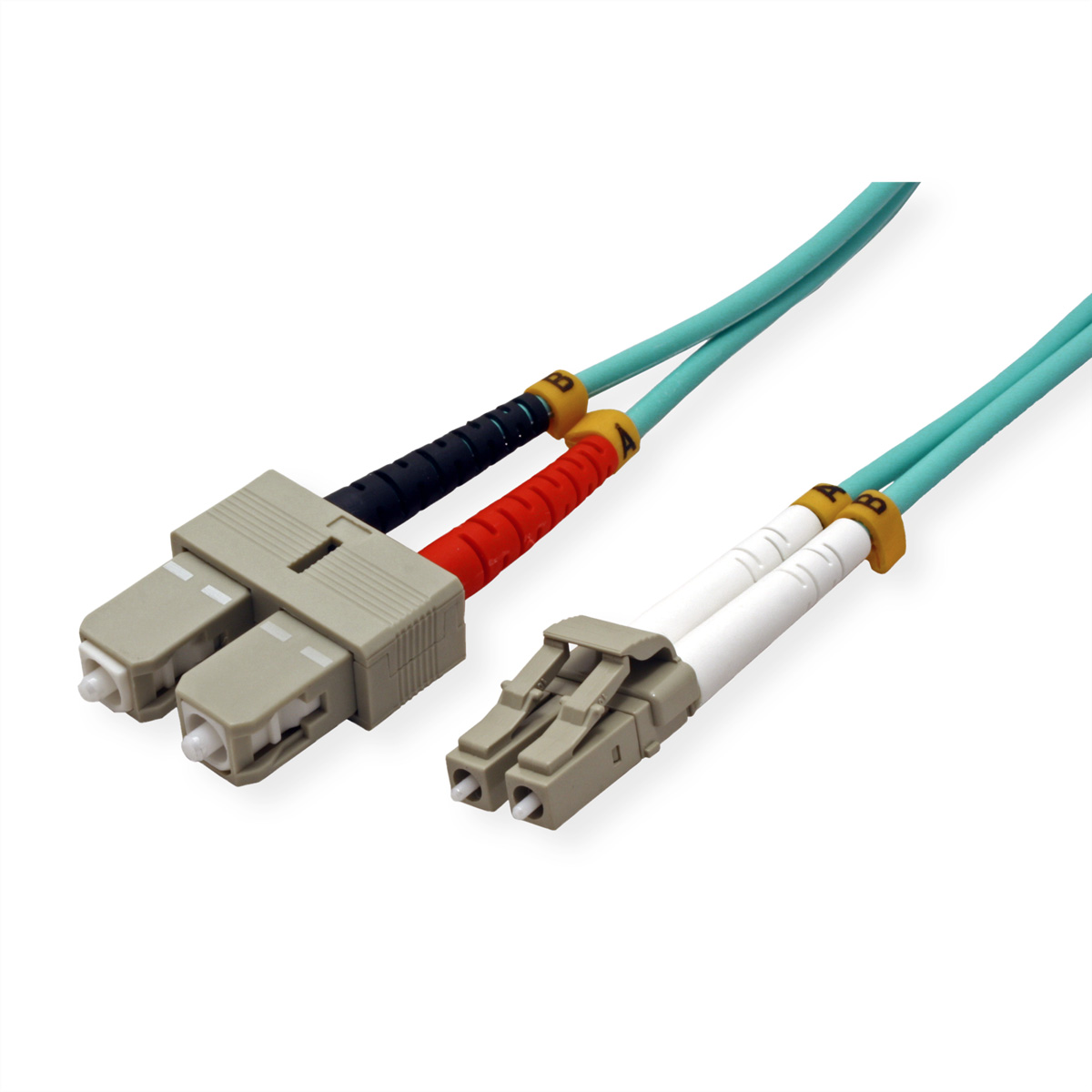 Twee aqua gekleurde glasvezelkabels met grijze connectoren.