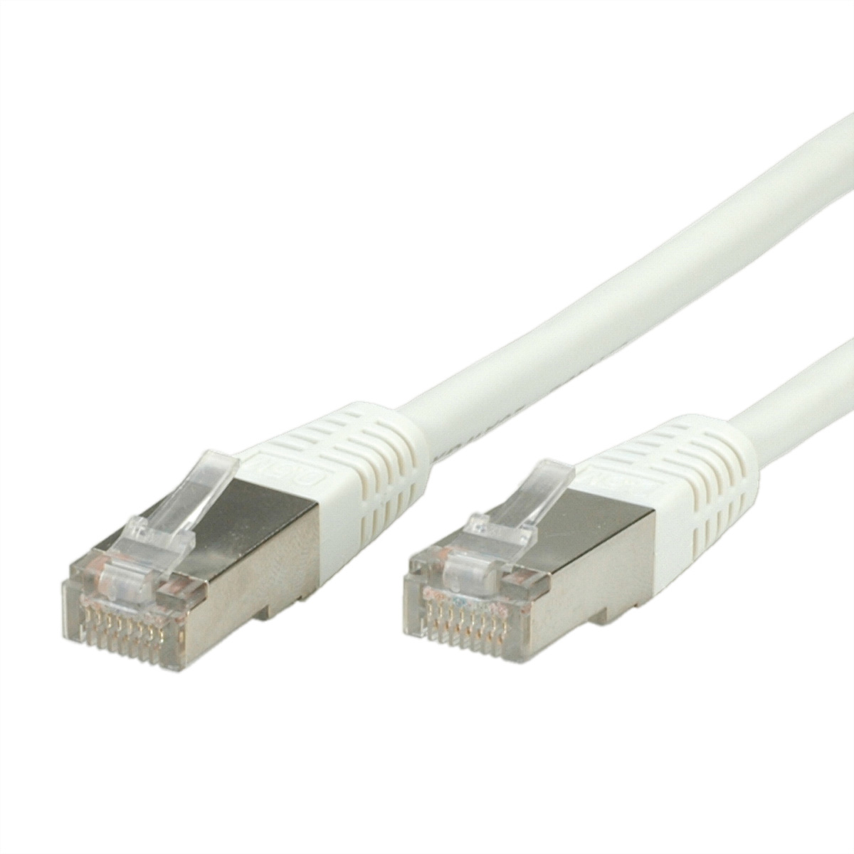 Deux câbles Ethernet blancs avec des connecteurs blancs, coudés, sur fond blanc.