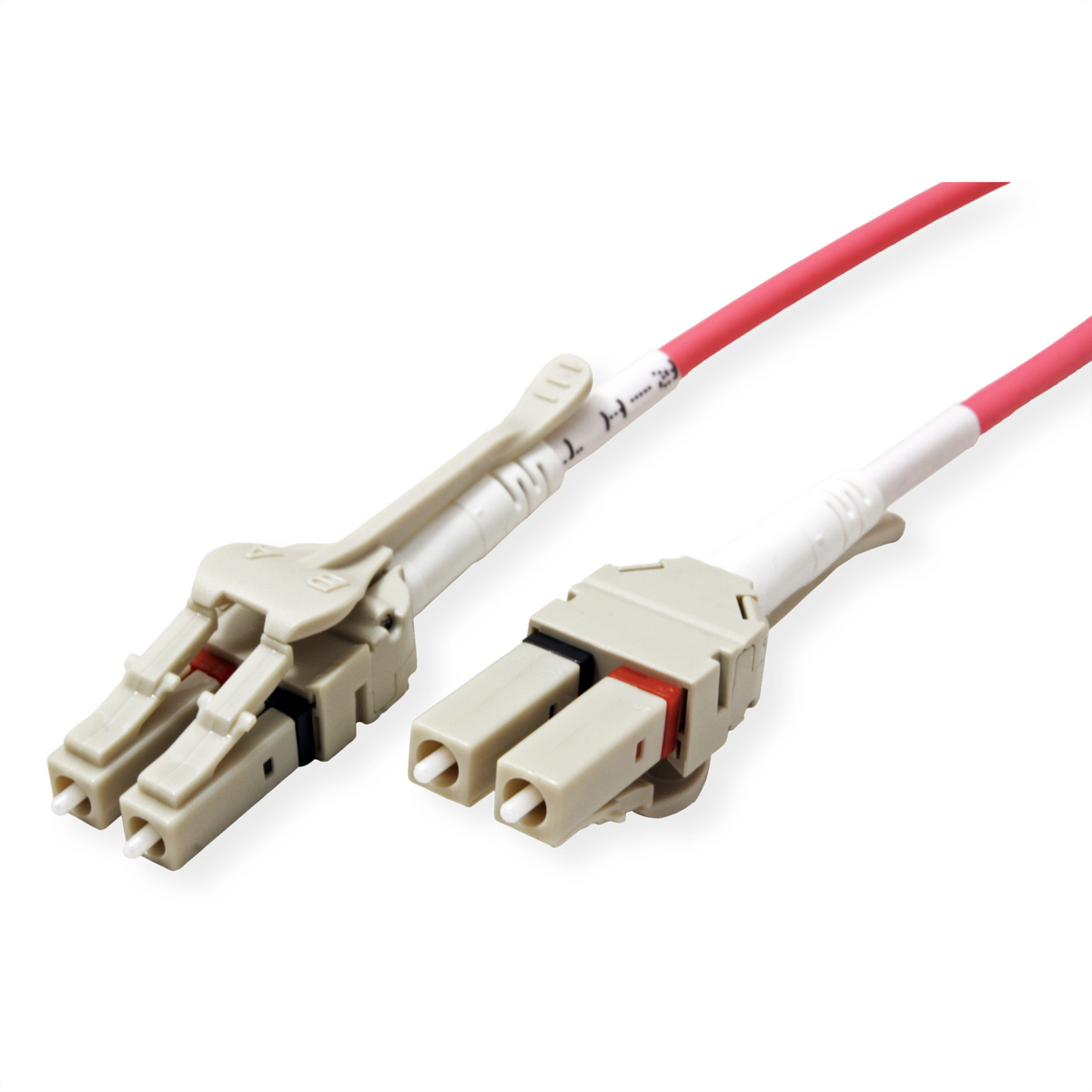 Twee glasvezelkabels, één met een rode en witte kabel, de andere met een grijze connector.