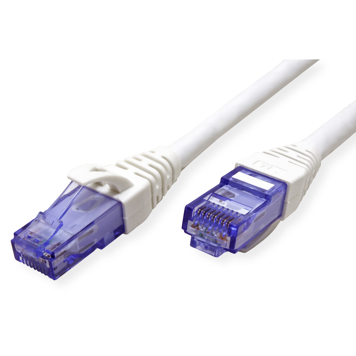 Câble Ethernet blanc avec connecteurs bleus. Fond blanc.