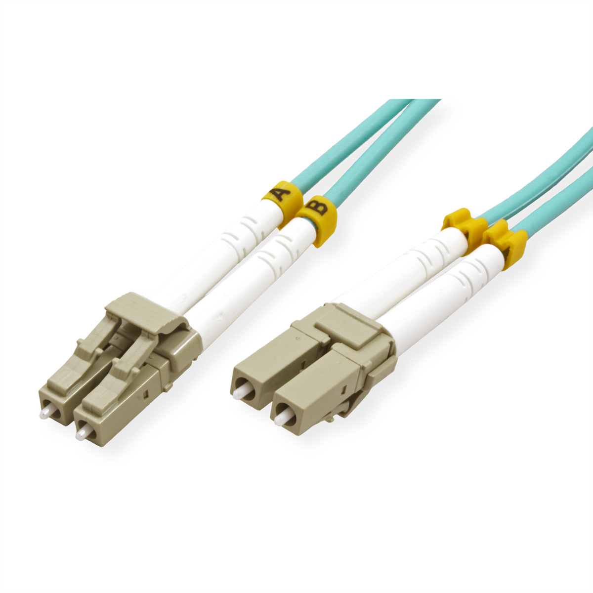 Deux câbles à fibre optique avec des connecteurs jaunes étiquetés A et B sur fond blanc.