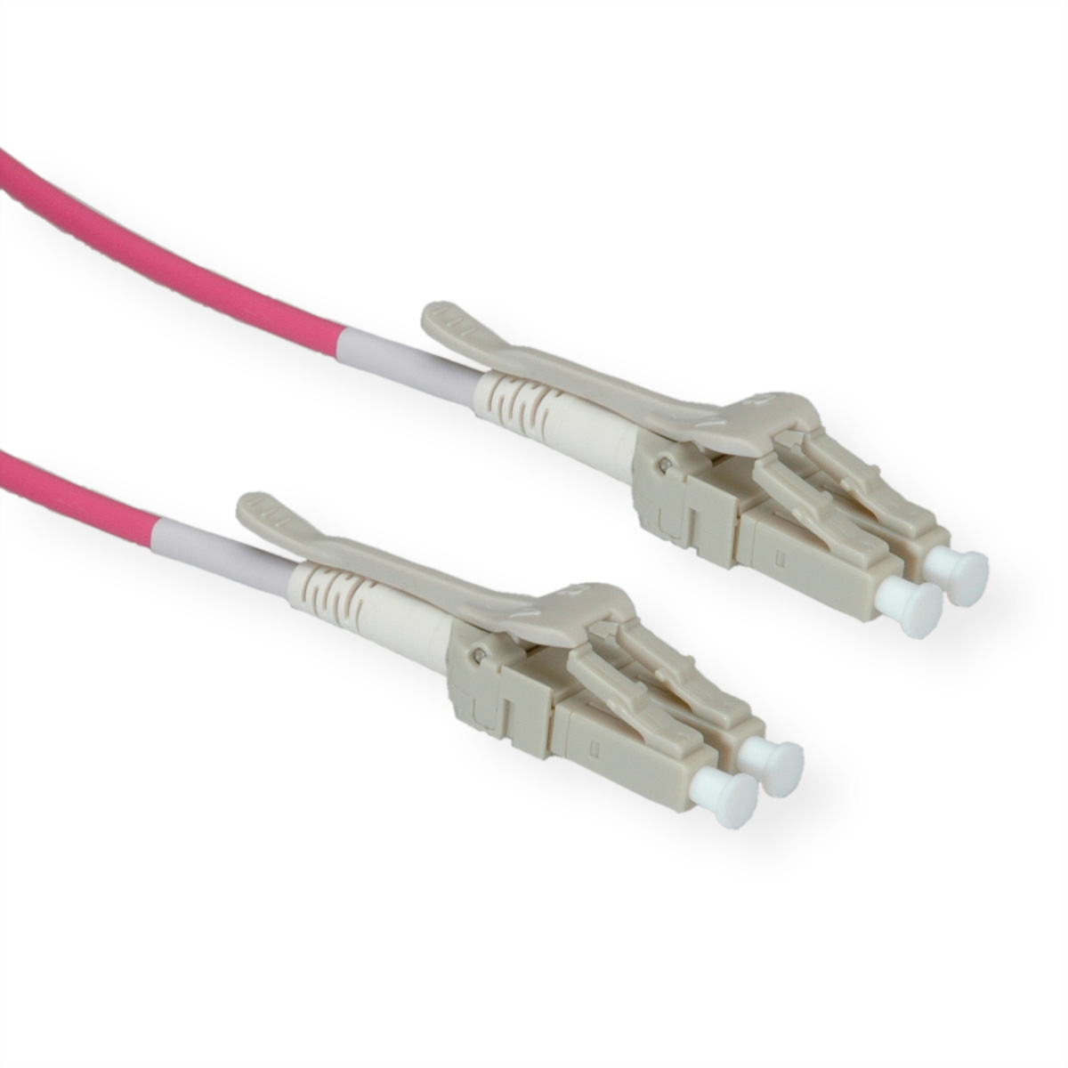 Twee glasvezelkabels met roze en witte connectoren.
