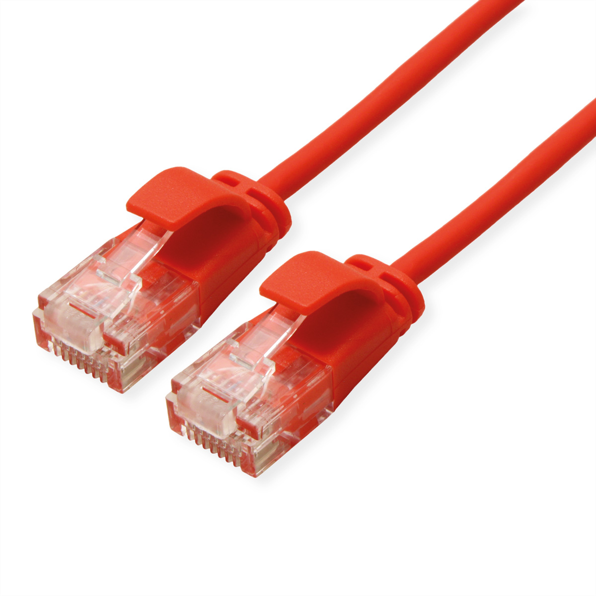 Deux câbles Ethernet rouges avec des connecteurs rouges, coudés, sur fond blanc.