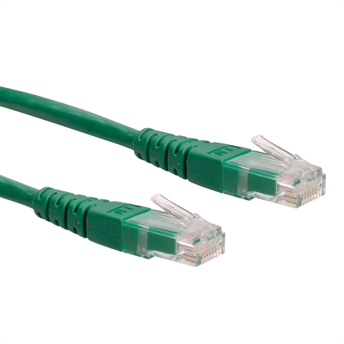 Twee groene Ethernet-kabels met doorzichtige connectoren op witte achtergrond.