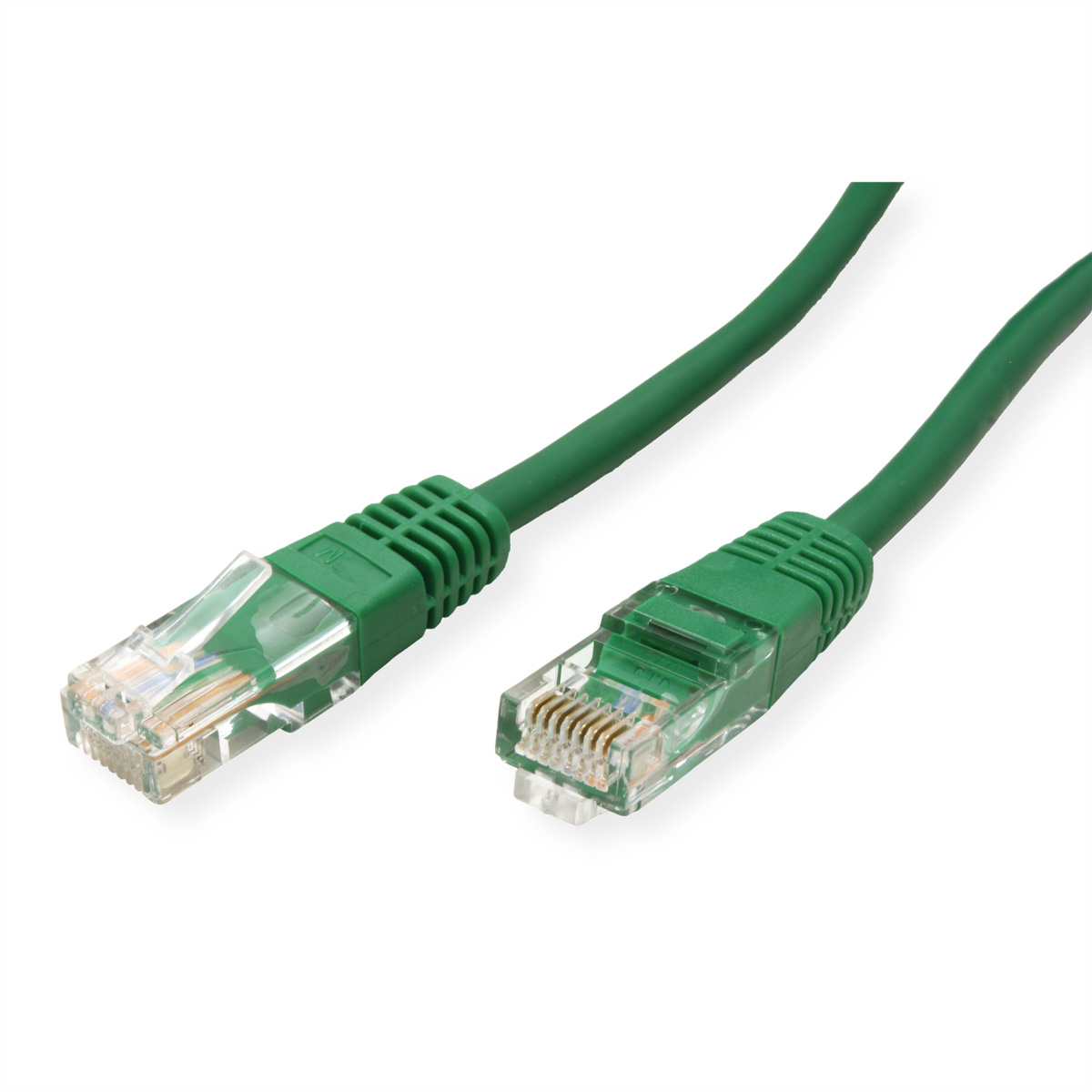 Grünes Netzwerkkabel mit Steckern. Es hat Clips und transparente Enden für die RJ45-Stecker.