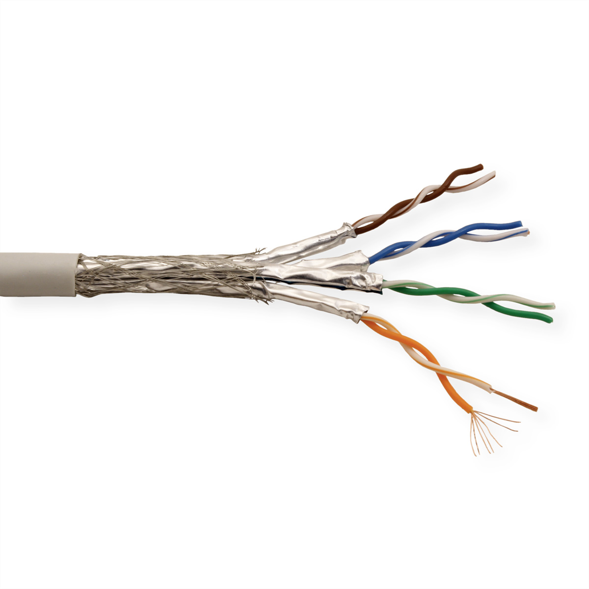 Doorgesneden Ethernet-kabel met getwiste paren draden, in diverse kleuren.
