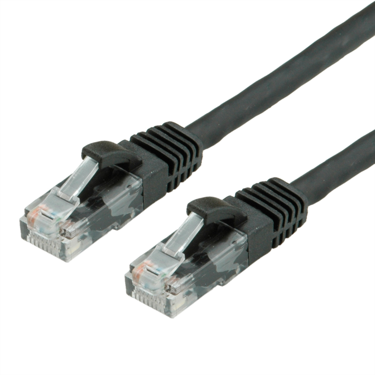 Deux câbles Ethernet noirs avec des connecteurs noirs. Chacun a un connecteur transparent.