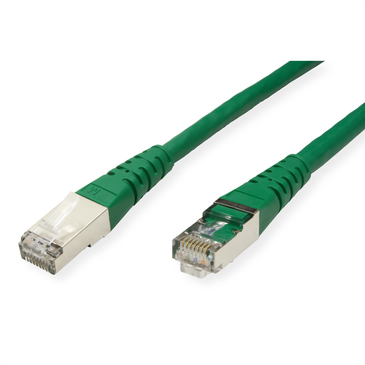 Un câble Ethernet vert avec des connecteurs aux deux extrémités.
