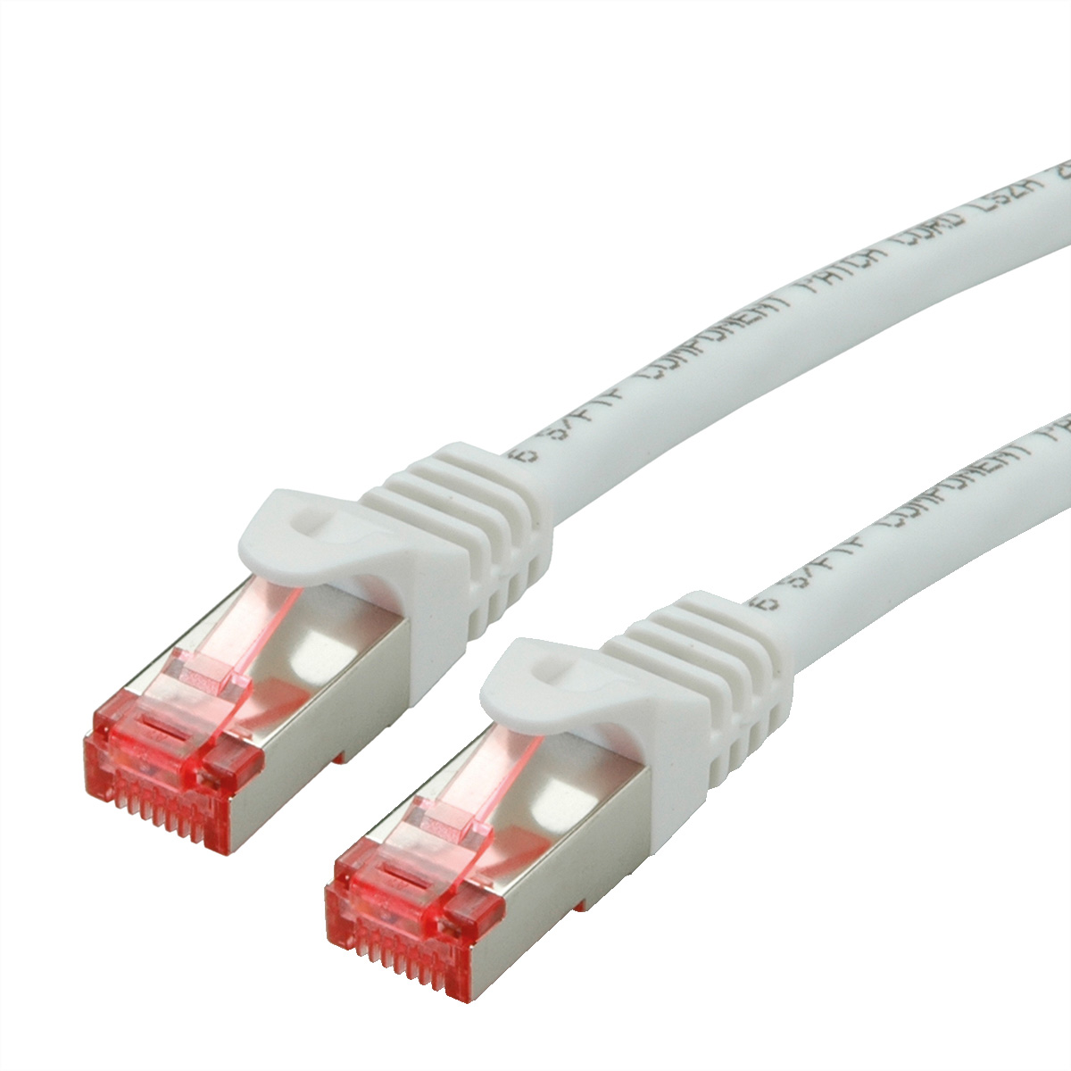 Twee witte Ethernet-kabels met rode connectoren op witte achtergrond.