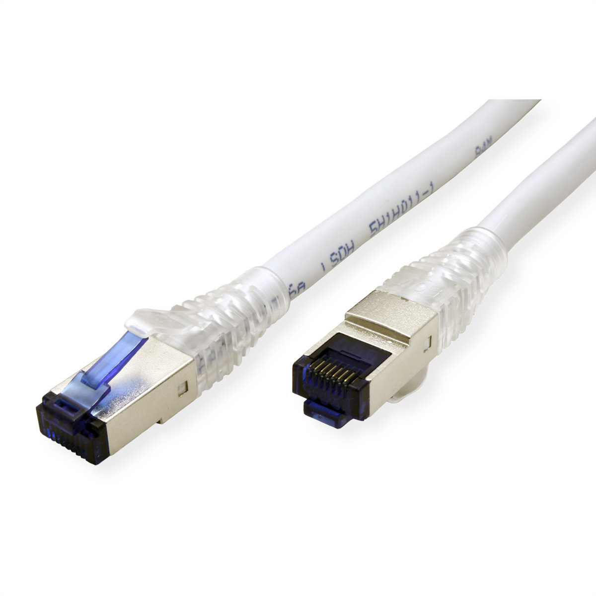 Witte netwerkkabel met blauwe connector.