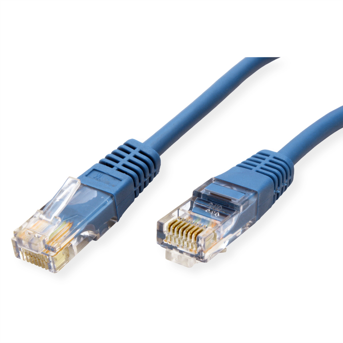 Cavo Ethernet blu con connettori trasparenti a entrambe le estremità.