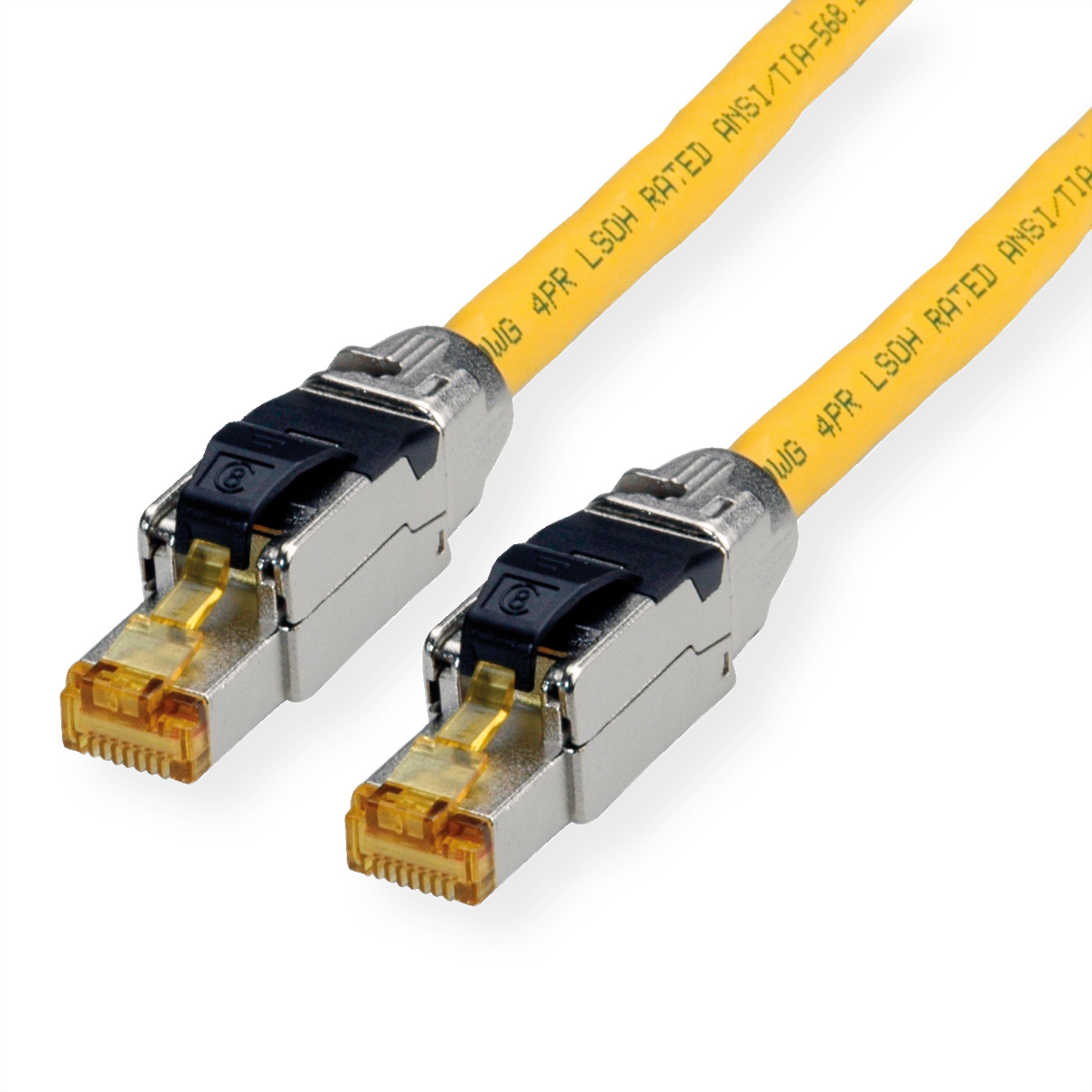 Twee gele Ethernet-kabels met connectoren op een witte achtergrond.