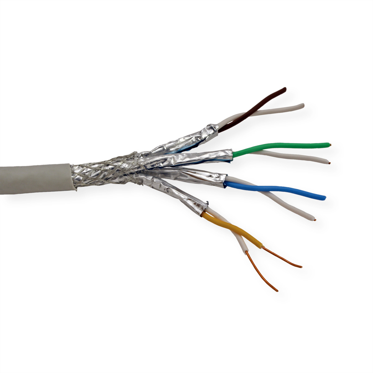 Ein Kabel mit mehreren farbigen Drähten, die sich erstrecken, mit einem silbernen Schild.